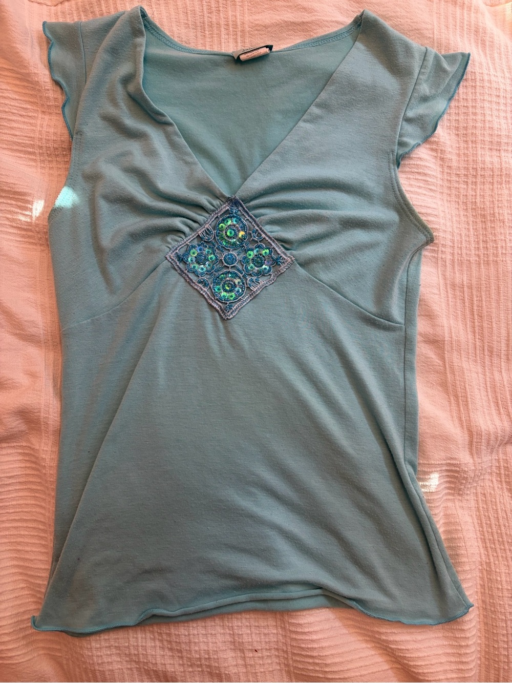 Embellished Light Teal V-Neck Tank Top